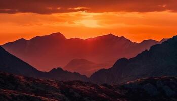 majestueus berg reeks aftekenen tegen dramatisch zonsondergang lucht, een rustig tafereel gegenereerd door ai foto