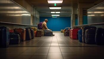 een zakenman aan het wachten, Holding koffer, voorbereidingen treffen voor luchthaven vertrek gegenereerd door ai foto