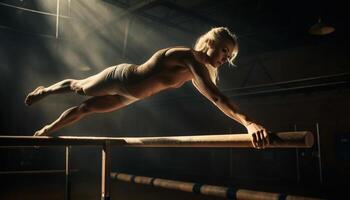 een vastbesloten atleet beoefenen flexibiliteit en balans in Gezondheid club gegenereerd door ai foto