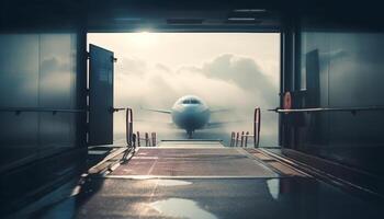 modern vliegtuig met metaal propeller weggaan luchthaven landingsbaan voor reizen bestemmingen gegenereerd door ai foto