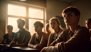 een verschillend groep van studenten en professionals aan het leren in congres gegenereerd door ai foto