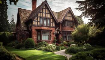 oud fashioned huisje met voor de helft betimmerd ontwerp genesteld in groen Woud landschap gegenereerd door ai foto