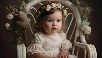 schattig baby meisje zittend buitenshuis, glimlachen Bij camera met vreugde gegenereerd door ai foto