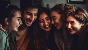 een groep van jong volwassenen omhelzing in zorgeloos, openhartig viering gegenereerd door ai foto