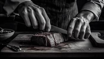 de chef hand- plakjes vers steak Aan een houten bord gegenereerd door ai foto