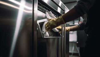 een vrouw werken in een huiselijk keuken, schoonmaak roestvrij staal gegenereerd door ai foto