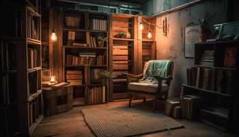 modern bibliotheek in een comfortabel leven kamer met antiek decor gegenereerd door ai foto