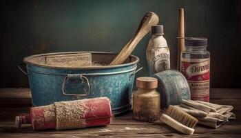 rustiek tafel reeks met oud fashioned uitrusting en vers voedsel verzameling gegenereerd door ai foto