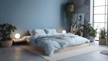 modern luxe slaapkamer met comfortabel beddengoed en elegant decoratie gegenereerd door ai foto