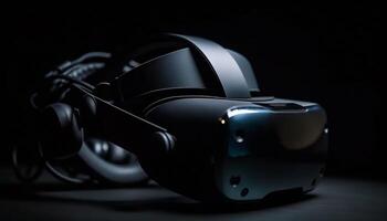 onderdompelen in futuristische virtueel realiteit met draadloze hoofdtelefoons en simulator gegenereerd door ai foto