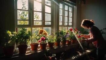 een vrolijk kind glimlacht terwijl aanplant een bloem in een pot gegenereerd door ai foto