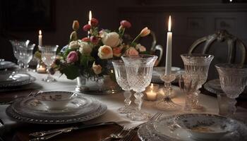 elegant bruiloft banket met overladen tafel decor en kristal glaswerk gegenereerd door ai foto