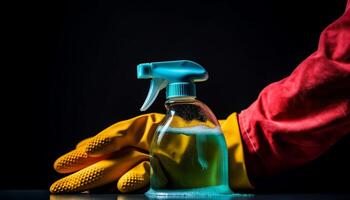 schoonmaakster sprays antiseptisch vloeistof met beschermend handschoenen Aan blauw houder gegenereerd door ai foto