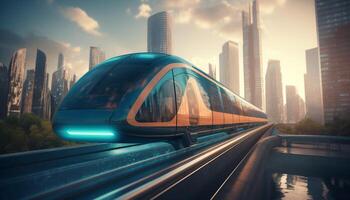 hoog snelheid trein races door Dubai futuristische stadsgezicht Bij schemering gegenereerd door ai foto