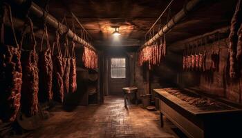 binnen de spookachtig oud kelder, hangende varkensvlees vlees roest gegenereerd door ai foto