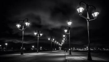 de elektrisch licht verlicht de donker stad straat Bij nacht gegenereerd door ai foto