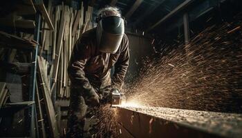 mannen in beschermend werkkleding lassen metaal in staal fabriek werkplaats gegenereerd door ai foto