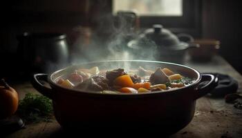 een rustiek rundvlees stoofpot gestoofd in een Koken pan binnenshuis gegenereerd door ai foto
