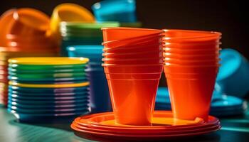 een helder nog steeds leven van picknick voorbereiding beschikbaar cups in een rij gegenereerd door ai foto