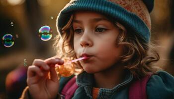 schattig blond meisje blazen bubbels, genieten van zorgeloos kinderjaren buitenshuis gegenereerd door ai foto