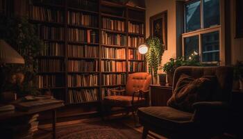 een elegant verzameling van literatuur verlicht de comfortabel modern appartement gegenereerd door ai foto