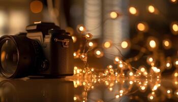 de fotograaf gebruikt een oud fashioned camera naar vastleggen de gloeiend decoratie gegenereerd door ai foto