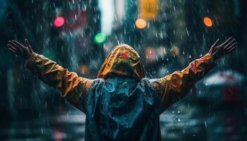 blij volwassenen wandelen in de regenen, vieren de seizoen schoonheid gegenereerd door ai foto