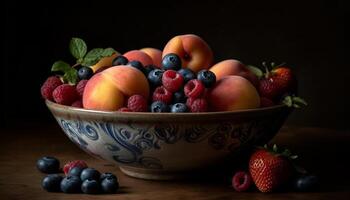 een rustiek fruit kom gevulde met sappig, rijp bessen en munt gegenereerd door ai foto