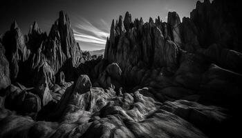 majestueus berg bereik, geërodeerd rots vorming, rustig zeegezicht schoonheid gegenereerd door ai foto