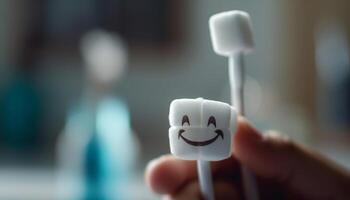 glimlachen tandarts Holding snoep, bevorderen tandheelkundig Gezondheid en geluk gegenereerd door ai foto