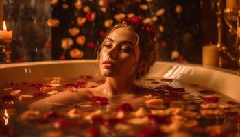 ontspannende in luxe, een vrouw geniet spa behandeling in bad gegenereerd door ai foto