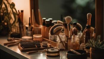 schoonheid gereedschap en producten sieren de haar- salon houten schappen gegenereerd door ai foto