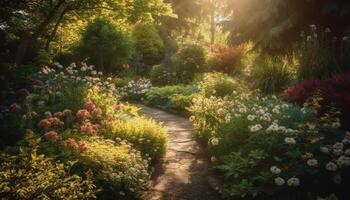 een rustig tafereel van een groen weide met geel bloemen gegenereerd door ai foto