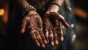 een jong vrouw Holding elegant henna- armband, vieren Indisch cultuur gegenereerd door ai foto