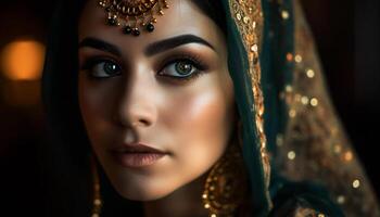 een mooi jong vrouw in traditioneel Indisch kleding en sieraden gegenereerd door ai foto