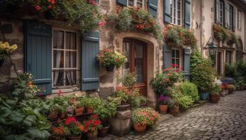 een kleurrijk bloem pot siert de oud Europese gebouw buitenkant gegenereerd door ai foto