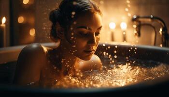 een jong volwassen vrouw geniet een luxueus spa bubbel bad gegenereerd door ai foto