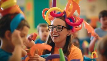 een groep van vrolijk, schattig kinderen spelen en aan het leren samen gegenereerd door ai foto