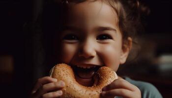 een schattig meisje glimlachen terwijl Holding een koekje, genieten van kinderjaren gegenereerd door ai foto
