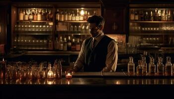 een knap barman portie whisky naar volwassen mannetjes Bij nachtclub gegenereerd door ai foto