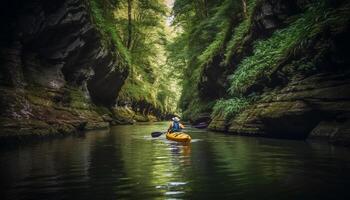 twee mensen peddelen een kano door rustig berg wateren gegenereerd door ai foto