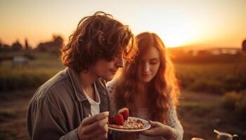 een zorgeloos paar genieten van zonsondergang, aan het eten aardbeien, bonding in natuur gegenereerd door ai foto