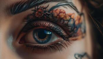 mooi jong vrouw multi gekleurde oog, een creatief stadium decoratie gegenereerd door ai foto