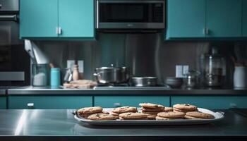 vers gebakken chocola spaander koekjes Aan modern keuken teller gegenereerd door ai foto