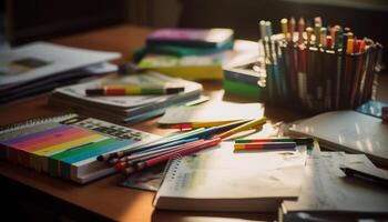 kleurrijk school- benodigdheden geregeld Aan houten bureau voor creatief aan het leren gegenereerd door ai foto