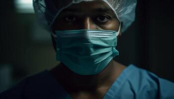 zelfverzekerd chirurg in beschermend werkkleding presteert chirurgie in in werking kamer gegenereerd door ai foto