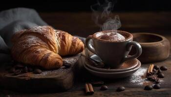 een rustiek Frans ontbijt met croissant, koffie, en brioche gegenereerd door ai foto