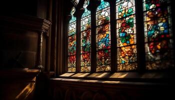 middeleeuws gotisch architectuur verlicht gebrandschilderd glas ramen van oude basiliek gegenereerd door ai foto