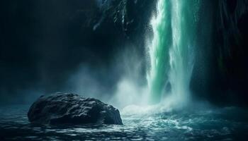 vloeiende water watervallen naar beneden majestueus berg klif, spatten blauw verstuiven gegenereerd door ai foto