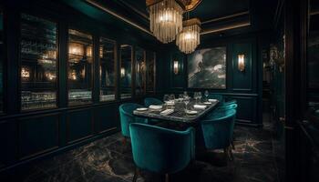 comfortabel dining kamer met elegant decor en modern verlichting uitrusting gegenereerd door ai foto